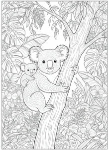 Disegno lineare dettagliato di una mamma koala e il suo piccolo su un tronco d'albero. Sono circondati da una fitta vegetazione con felci e fiori.