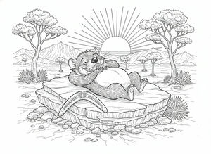 ŠťAstný ďábel medvědovitý odpočívá na velké ploché skále v australském vnitrozemí. Vedle něj leží bumerang a v pozadí je vidět západ slunce a pouštní stromy.