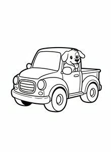Jednoduchá obrysová kresba zaobleného pickupu. Šťastný pes s visícíma ušima a vyplazeným jazykem se vyklání z okna. Auto má velké pneumatiky a hravý, kreslený styl.