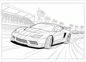 Detailní omalovánka moderního sportovního auta driftujícího v zatáčce na závodní dráze. Pozadí zahrnuje tribunu plnou lidí, palmy a věž.