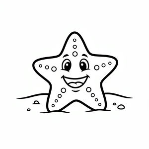 Przyjazna rozgwiazda z dużym uśmiechem i okrągłymi kropkami na ramionach leży na dnie oceanu. Prosta grafika liniowa ukazuje postać na płaskim piasku z kilkoma małymi kamieniami obok.