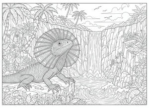 Un disegno al tratto di un clamidosauro con il collare spiegato seduto su una roccia. Sullo sfondo, una cascata alta, palme e fiori tropicali.