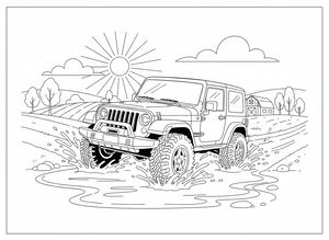 Ein robuster Jeep mit großen Reifen fährt durch eine Pfütze und erzeugt hohe Wasserfontänen. Im Hintergrund sind ein Bauernhof mit Scheune und eine strahlende Sonne mit langen Strahlen zu sehen.