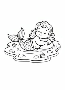 Uma linda bebé sereia descansa a cabeça nos braços enquanto flutua numa poça rasa. Ela tem uma cauda com escamas e cabelo encaracolado. Duas estrelas-do-mar e pequenas pedras decoram a água à sua volta neste desenho simples.