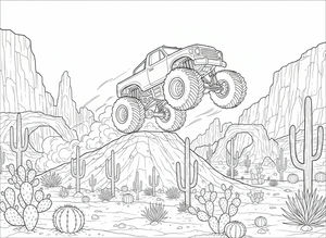 Detaillierte Strichzeichnung eines Monstertrucks mit riesigen Rädern, der über einen Hügel springt. Der Hintergrund zeigt eine Wüste mit Kakteen und steilen Felsformationen.