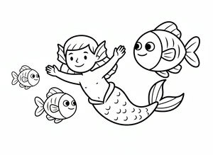 Um desenho linear simples de um tritão sorridente a nadar com três peixes redondos e amigáveis. O tritão tem barbatanas atrás das orelhas e uma cauda comprida com escamas.