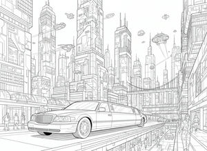 Eine lange Luxus-Limousine fährt auf einer modernen Stadtstraße, umgeben von massiven Wolkenkratzern. Am Himmel darüber flitzen kleine Raumschiffe und fliegende Autos zwischen den Gebäuden hindurch. Fußgänger spazieren auf Gehwegen neben gläsernen Transitröhren.