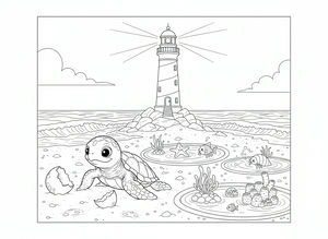 Mały żółw morski z dużymi oczami pełznie po piaszczystej plaży obok pękniętej skorupki jajka. W tle latarnia morska rzuca światło na fale oceanu, a w kałużach widać rozgwiazdę i rośliny morskie.