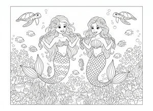 Duas sereias sorridentes com caudas escamosas e cabelos longos entrançam o cabelo uma à outra debaixo de água. Estão rodeadas por corais, cavalos-marinhos e tartarugas.