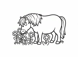 Disegno lineare in bianco e nero di un robusto pony delle Shetland con lunga criniera e coda tra fiori semplici. Il pony ha gli occhi chiusi mentre annusa i fiori nel prato.