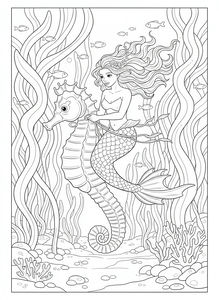 Disegno in bianco e nero di una sirena sorridente con lunghi capelli ondulati che cavalca un grande cavalluccio marino attraverso una foresta di alghe sottomarina, con piante vorticose e piccoli pesci che nuotano intorno