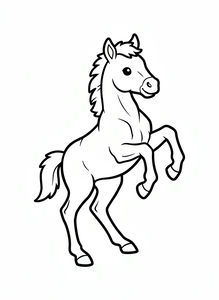 Um desenho de linha simples em preto e branco de um potro fofo empinado nas patas traseiras. O cavalo tem uma expressão amigável, contornos grossos e áreas abertas para colorir.