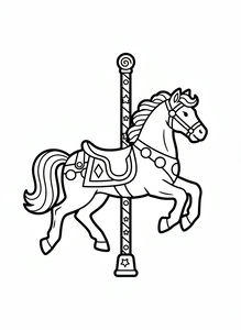 Um desenho simples de contorno em preto e branco de um cavalo de carrossel em pose de galope. O cavalo tem crina ondulada, uma sela ornamentada e está preso a um poste vertical com estrelas.