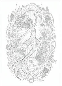 Desenho de linha detalhado de uma sereia elegante com padrões ondulantes na pele dançando dentro de um arco de coral. Peixes e alforrecas flutuam ao seu redor sob a luz solar que atravessa a água.