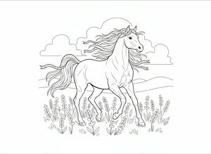 Un cavallo grazioso trotta attraverso un campo di fiori di lavanda con lunghi nastri intrecciati nella criniera e nella coda. Nuvole e colline appaiono sullo sfondo di questa illustrazione dettagliata.