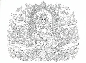 Desenho detalhado de uma rainha das sereias com coroa de pérolas e tridente num trono de coral. Três baleias nadam ao seu redor entre cardumes de peixes e estrelas-do-mar.