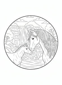 Um desenho de linhas detalhado de um cavalo e do seu potro juntos junto a uma queda de água. A crina da égua tem flores e a cena está inserida numa moldura redonda.
