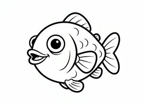 Prosty czarno-biały rysunek liniowy okrągłej, grubiutkiej ryby z dużymi oczami i uśmiechniętą buzią. Ryba ma grube kontury, wyraźne łuski i płetwy w kształcie wachlarza na białym tle.
