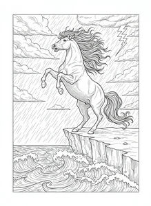 Dibujo lineal detallado de un mustang salvaje encabritado en un acantilado sobre un mar tormentoso. El fondo muestra lluvia intensa, nubes oscuras y un rayo con olas rompiendo abajo.