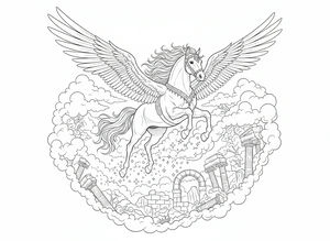 Detailní omalovánka Pegasa s široce roztaženými křídly vznášejícího se nad řeckými ruinami. Mýtický kůň má na sobě zdobený postroj a letí mezi mraky a hvězdami u vysokých sloupů.