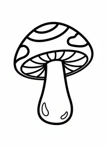 Un semplice disegno al tratto in bianco e nero di un fungo. Il fungo ha un cappello largo con grandi macchie irregolari e un gambo liscio e bombato su sfondo bianco.