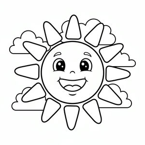 Un disegno al tratto in bianco e nero di un sole sorridente con un viso amichevole e raggi triangolari robusti. Diverse nuvole soffici decorano lo sfondo.