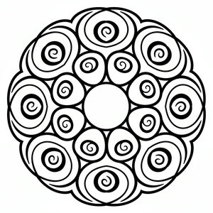 Um desenho para colorir de uma mandala circular simples com contornos grossos. O design consiste em dois anéis de rosas em espiral em volta de um círculo central vazio. As formas são arredondadas e fáceis de preencher.