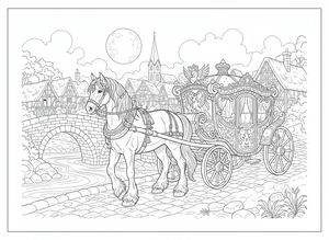 Um majestoso cavalo shire puxa uma carruagem real decorada numa estrada de paralelepípedos numa aldeia medieval. Ao fundo, vê-se uma ponte de pedra, casas antigas e uma lua cheia.