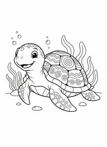 Czarno-biały rysunek liniowy szczęśliwego żółwia morskiego z ozdobną skorupą pełną spiral i fal. Żółw znajduje się na dnie oceanu w otoczeniu wodorostów i bąbelków.