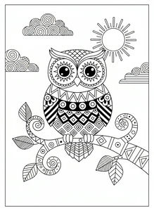Um desenho para colorir detalhado de uma coruja com olhos grandes e expressivos e padrões geométricos nas penas. Está sentada num ramo com folhas, rodeada por um sol radiante e nuvens em espiral.