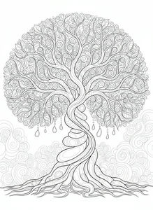 Un disegno a linee in bianco e nero di un albero della vita stilizzato. Il tronco è spesso e a spirale, e culmina in una corona circolare piena di innumerevoli vortici, riccioli e foglie delicate. Piccole gocce pendono dai rami inferiori su uno sfondo di morbidi motivi simili a nuvole.