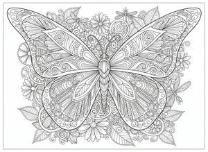 Arte em linha muito detalhada de uma borboleta grande com asas de padrões ornamentados. Está rodeada por um fundo exuberante de flores, folhas e pequenas libelinhas no jardim.