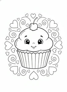 O brioșă zâmbitoare cu o cireașă deasupra într-o formă de hârtie cu dungi. Este înconjurată de un chenar decorativ format din inimi și spirale.