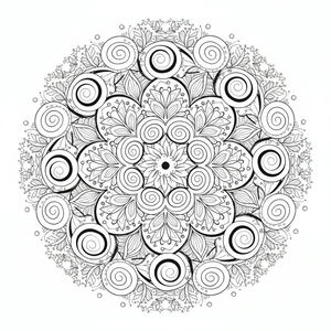 Un mandala circolare molto dettagliato con un fiore centrale circondato da strati simmetrici di grandi spirali e foglie appuntite. Piccoli cerchi e linee sottili decorano i bordi esterni di questo disegno in bianco e nero.