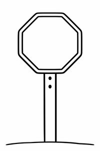 Um desenho linear a preto e branco de um sinal de stop octogonal vazio num poste alto. O sinal tem contornos grossos e fáceis de seguir sobre uma linha de chão simples.
