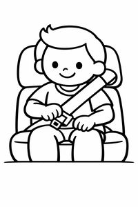 Um desenho simples de uma criança feliz sentada numa cadeirinha de automóvel. A criança segura a fivela do cinto com as duas mãos para a encaixar. A ilustração tem contornos grossos e um fundo branco limpo.
