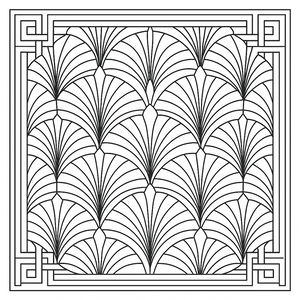 Kolorowanka art deco z symetrycznymi przeplatanymi kształtami wentylatorów i geometrycznymi wzorami ram ułożonymi w kompozycji kwadratowej