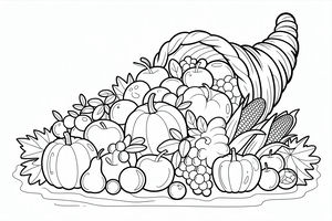 Un disegno in bianco e nero di una cornucopia di vimini intrecciata appoggiata su un fianco. Trabocca di prodotti agricoli come zucche, mele, una pera, uva e pannocchie tra foglie autunnali.