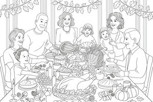 Desenho para colorir com linhas de contorno de uma família de sete pessoas sentadas ao redor de uma mesa de jantar com um banquete de Ação de Graças incluindo peru, acompanhamentos, velas e decorações de outono com folhas de outono acima