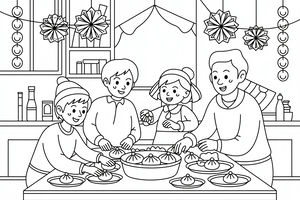 Eine vierköpfige Familie steht um einen großen Tisch und macht gemeinsam Dumplings. Mehrere Teller und ein Dämpfkorb sind mit fertigen Teigtaschen gefüllt. Dekorative Sterne und Girlanden hängen im Hintergrund der gemütlichen Küche.
