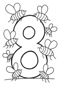 Un grande numero otto dalle linee spesse poggia su una semplice linea del terreno. Otto graziose api a strisce con corpi tondi e piccole ali volano e riposano intorno al numero.