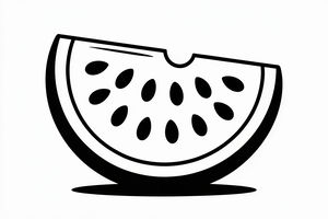 Eine einfache Strichzeichnung einer einzelnen Wassermelonenscheibe mit dicken Konturen. Die Illustration zeigt eine halbmondförmige Scheibe mit einer dicken Schale und vielen tropfenförmigen Kernen im Inneren.