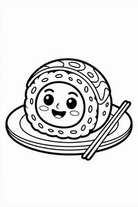 Roztomilá sushi rolka s usměvavým obličejem leží na kulatém talíři. O okraj talíře jsou opřené dvě jídelní hůlky. Sushi má detailně vykreslenou náplň a texturu rýže v černých obrysech.