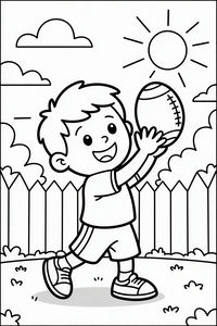 Um menino feliz com um grande sorriso agarra uma bola de futebol americano com as duas mãos num jardim ensolarado com uma cerca e um grande sol no céu.