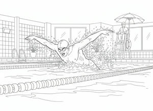 Desenho em linha de um nadador realizando nado borboleta em piscina coberta com divisores de raias e salva-vidas supervisionando da beira