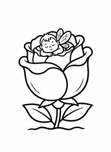 Eine einfache Strichzeichnung eines Feenbabys mit winzigen Flügeln, das friedlich in den Blütenblättern einer großen Rosenknospe schläft. Die Blume hat zwei Blätter am Boden und die Linien sind dick und deutlich.