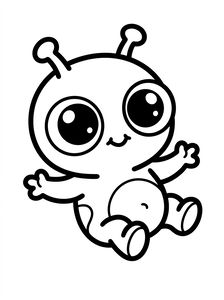 Strichzeichnung eines lächelnden Baby-Aliens mit zwei Antennen und großen runden Augen, das sitzt und die Arme ausstreckt