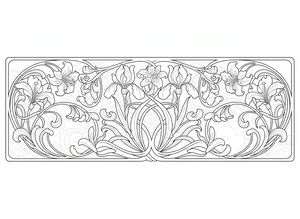 Un disegno da colorare in stile art nouveau che mostra un bordo floreale orizzontale. Grandi gigli e iris sono circondati da viticci curvi e foglie intrecciate in una composizione simmetrica. Il design è racchiuso in un sottile bordo rettangolare con chiari contorni neri.