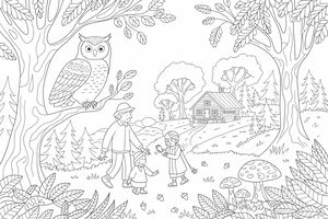 Eine große Eule sitzt auf einem Ast und blickt auf eine Familie herab, die durch einen Herbstwald spaziert. Eine kleine Blockhütte steht im Hintergrund, umgeben von Tannen, während der Vordergrund mit Eicheln, Pilzen und Laub gefüllt ist.