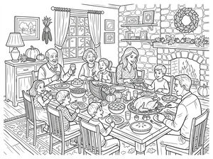 Keluarga dari berbagai generasi duduk di meja kayu besar untuk pesta Thanksgiving. Kalkun panggang dan berbagai hidangan tersedia. Di latar belakang, perapian batu menyala terang, dan hiasan bunga tergantung di dinding.